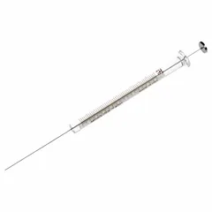 This sterile 10 µL microliter syringe features a borosilicate glass barrel and stainless steel plunger and tip. It includes a cemented needle with point style 2 and is individually packaged. Designed for precise liquid handling in chromatography applications.