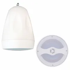 Passive 2-way pendant-mount speaker system with 8 ohm impedance and 12 1/2 in overall height. Suitable for outdoor use in covered areas requiring distributed audio coverage, such as patios, warehouses, or public address systems.