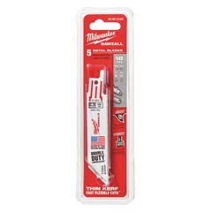This 5-pack of reciprocating saw blades is designed for cutting thin metal. Each blade has a 4-inch length and 0.04-inch thickness, suitable for straight and curved cuts in sheet metal, tubing, and similar materials. Commonly used in fabrication, HVAC, and demolition applications.