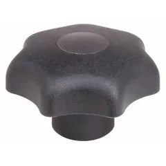 This 7-arm knob features a 50 mm diameter plastic body with a steel thread insert. The threaded hole has a 5/16"-18 thread size and 14 mm thread length. It is used for manual adjustment and clamping on industrial machinery, jigs, and fixtures.