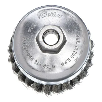 WEILER Cup Brush: Twisted Stainless Steel, 4 in Dia, 0.023 in Fill Dia - Heavy-Cleaning Brushes for Contoured Stainless Steel Surfaces