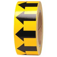 Yellow vinyl banding tape with black directional flow arrows for pipe identification. Non-reflective, 2 in width, 90 ft roll length. Used to mark pipe contents and flow direction in industrial piping systems