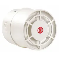 Tone alarm for indoor/outdoor use, 100 mm diameter, white housing. Operates on 9 to 28V DC with 0.12 W power consumption. Suitable for audible signaling in industrial environments such as factories, warehouses, and process plants