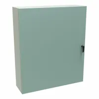 This steel washdown enclosure measures 42 x 36 x 10 inches and features a solid hinged cover secured by latches. Rated NEMA 12/3R/4, it provides protection against dust, dripping water, rain, sleet, and hose-directed water, making it suitable for indoor and outdoor industrial applications. Knockouts are not included