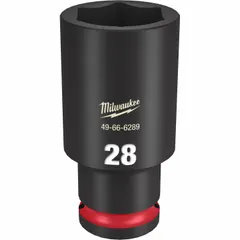 This 1/2" drive impact socket is a metric 28 mm, 6-point, deep design with a friction ring for secure retention. It features a black phosphate finish and is intended for use with impact tools in industrial fastening applications such as automotive repair, construction, and equipment maintenance.