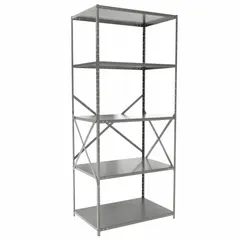 This heavy-duty standalone open metal shelving unit is constructed from steel with a gray finish. It measures 36 inches by 24 inches with an overall height of 84 inches and includes five shelves. Suitable for organizing tools, parts, and bulk materials in warehouses, factories, and industrial facilities. Supplied unassembled.