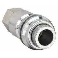 This steel quick-connect air coupling body features a sleeve locking mechanism and a 3/8"-18 FNPT female thread. It is designed for industrial interchange pneumatic systems, enabling rapid connection and disconnection of hoses and tools in compressed air applications
