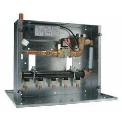Complete electronic trap primer with zinc-plated steel body and silver finish. Designed to automatically maintain a water seal in floor drain traps, preventing sewer gas entry. Suitable for use in plumbing systems where drains may dry out. Nominal pipe size 1/2 in, overall length 3 1/2 in.