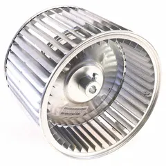 This YORK OEM replacement blower wheel is designed for use in HVAC systems to move air across heat exchangers or evaporator coils. It has a 9-inch diameter, 7-inch width, and a 1/2-inch bore, and is compatible with York model N2AHD10A06A.