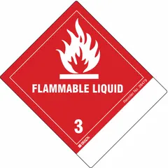 This BRADY label is designed for marking containers that hold Class 3 flammable liquids. It measures 4 1/2 in x 4 in, is made of paper, and comes in a 100-pack. The label displays the required 'Flammable Liquid' message for regulatory compliance during transport and storage.