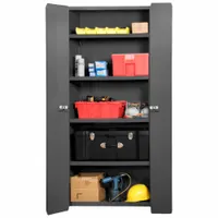 Stationary welded steel cabinet with gray powder-coated finish. Includes four adjustable shelves and a swing handle with padlock hasp for security. Frame base construction. Suitable for organized storage of tools, parts, and equipment in industrial settings such as factories and warehouses