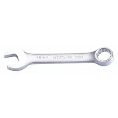 This metric combination wrench features a 12 mm 12-point box end and an open end, both with an offset design for access to recessed fasteners. Made of alloy steel with a satin finish, the wrench has an overall length of 4 inches. It is suited for tightening or loosening metric fasteners in automotive, machinery, and general assembly applications.