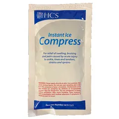 Disposable, unitized cold pack for first aid and injury care. Provides immediate cold therapy to reduce swelling and pain from sprains, strains, or bruises. Made of blue polyethylene, latex-free, and sold in a 24-pack. No fastener included.