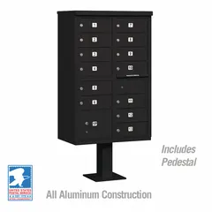 This horizontal multi-unit mailbox features 14 lockable front-access doors and measures 62 inches high by 30 1/2 inches wide by 18 inches deep. Designed for pedestal mounting, it provides secure, organized mail storage for centralized mail delivery in apartment complexes, condominiums, or commercial facilities.