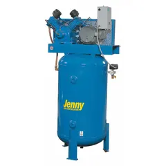 Vertical, single-stage, splash-lubricated stationary electric air compressor with 80-gallon tank. Delivers 23 cfm at 125 psi, powered by 240V AC single-phase. Suitable for powering pneumatic tools, spray painting, and general workshop air supply.