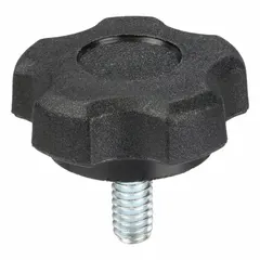Plastic knob with steel threaded stud for manual adjustment, clamping, and positioning on machinery. 1.36 in diameter, 1/4"-20 thread size. Suitable for frequent hand-tightening in industrial settings.