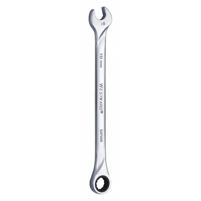 WESTWARD Combination Wrench: Alloy Steel, Chrome, 18 mm Head Size, 11 3/8 in Overall Lg - Metric 12-Point Ratcheting Combination Wrenches
