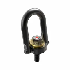This force-indicating pivot and rotate hoist ring has a 3/4"-10 thread size and a maximum capacity of 5,000 lb. It includes an integrated load indicator for monitoring applied force during lifting and pulling operations. Typical applications include overhead lifting, rigging, and positioning tasks in industrial settings.