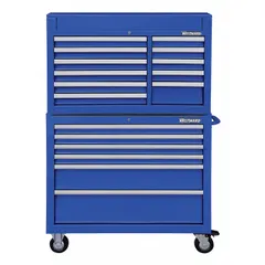 This heavy-duty tool chest and rolling cabinet combo features 17 drawers with ball-bearing slides for smooth operation under load. Keyed locks secure contents, and the powder-coated blue finish resists wear. Suitable for industrial and workshop storage of tools and equipment.