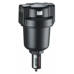 Compressed air filter with 5 micron filtration rating for particulate removal. Features 1 1/2 in NPT connections, 1,400 cfm flow capacity, and a metal bowl. Used in pneumatic systems to protect downstream components from contaminants.