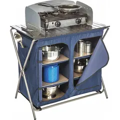 This collapsible pantry cook table is constructed from aluminum for lightweight portability. It provides a stable work surface for meal preparation and gear organization at campsites or remote locations. Overall height is 33 inches and overall length is 35 inches.