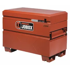 Chest-style jobsite box with 9 cubic feet capacity, measuring 20 in W x 36 in D x 27 1/2 in H. Features a padlock hasp for securing contents (lock not included). Finished in brown. Suitable for storing tools and equipment on construction sites, workshops, and industrial facilities.