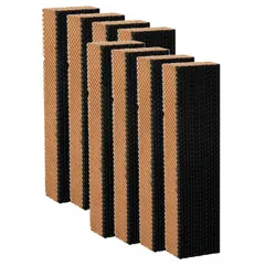 Cellulose evaporative cooling media pads for agriculture and horticulture applications. Each pad measures 60 inches high, 12 inches wide, and 6 inches thick. Package includes 8 pads. Used in evaporative cooling systems to lower air temperature for climate control in greenhouses, livestock barns, and poultry houses.
