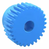 Metric spur gear with standard hub, 28 teeth, 8 mm bore diameter, 20° pressure angle. Made from MC901 nylon, plain bore, JIS N9 precision class. Suitable for light-duty power transmission and motion control applications