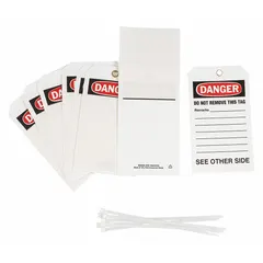 Pack of 10 black danger tags with pre-printed header and cable tie fasteners. Used for lockout/tagout procedures to warn against equipment operation during maintenance. Tags attach securely to valves, switches, and machinery via the integrated cable tie.