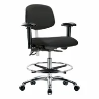 This cleanroom task chair is designed for ISO 5 environments and features ESD-safe construction. It includes arms, an aluminum base, and foot support. The seat width is 19 inches, with adjustable height from 21 1/2 to 29 inches. Back tilt ranges 10.5° forward and 13.5° backward