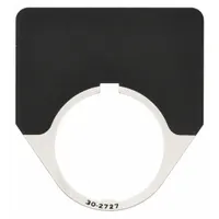 Half-round push-button legend plate for 30 mm panel mounting. Overall height and width of 2 1/4 inches. Constructed of black aluminum with a metallic finish and a white notch. Used to label and finish operator interface stations in industrial control applications