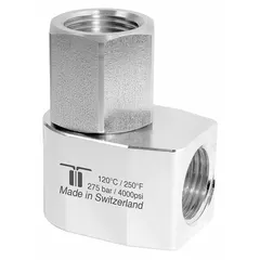 This MOSMATIC rotating joint is a single-passage, nickel-plated C38500 brass elbow with a 1/2 in threaded rotating shaft, rated for a maximum speed of 30 RPM. It is used to transfer fluid or air from a stationary supply to a rotating shaft in industrial machinery such as machining, material handling, and combustion systems.