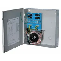 Steel-enclosed power supply board converting 115V AC input to 24V AC at 12.5A. Features eight fused outputs for distributed power in access control, security, and automation systems
