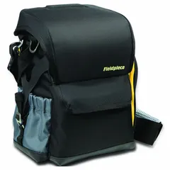 Ballistic nylon tool backpack in black with a waterproof bottom. Measures 9 5/16 in width, 6 13/16 in depth, and 12 in height. Features seven inside pockets for organizing tools and test equipment. Suitable for carrying hand tools and meters to job sites.