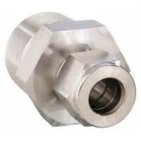 This double-ferrule stainless steel fitting connects 3/4 in OD tubing to a 1 in male NPT port. The compression x MNPT configuration is used in instrumentation, pneumatic, and hydraulic systems requiring leak-free connections. Compatible with Parker A-LOK fittings