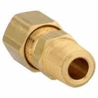 This brass compression fitting connects 1/4 in OD tubing to a 3/8 in male NPT threaded port. It is used in pneumatic, hydraulic, and instrumentation systems to create a leak-tight seal without soldering or welding. Supplied in a 10-pack
