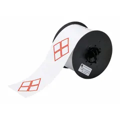 Precut label roll with red GHS/CLP 4B diamond hazard symbols, measuring 2 61/64 in x 4 21/64 in. Acrylic adhesive for chemical container labeling. Compatible with BBP33 printer series.