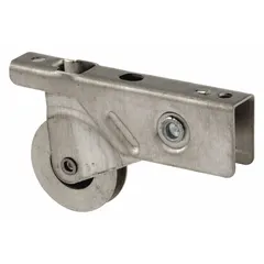 This roller assembly is a screen door hardware component designed to guide and support sliding screen doors. It measures 6 7/16 inches in both overall height and length, with a gray, unfinished finish. Suitable for residential and light commercial door applications requiring smooth operation.