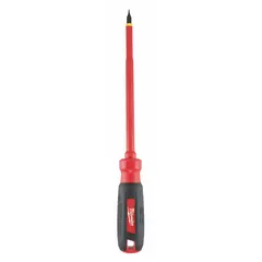 Insulated slotted screwdriver with a 3/16 in tip size, 6 in shank length, and 10 in overall length. Designed for turning slotted screws in electrical applications where insulation is required to protect against shock. Suitable for industrial maintenance, panel building, and repair tasks.