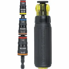Multi-bit nut driver with hex sizes 1/4, 5/16, 3/8, 7/16, 1/2, and 9/16 in. Overall length 9 1/4 in. Used for driving hex nuts and bolts in electrical, HVAC, and general maintenance applications.
