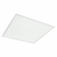 Square perforated diffuser for ceiling-mounted air distribution. White plastic lay-in design fits suspended ceiling grids. Non-insulated, without adjustable blades. Suitable for commercial HVAC systems in offices and retail spaces.