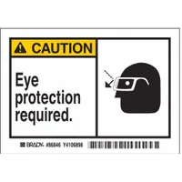 Polyester caution sign indicating eye protection requirements. Adhesive mounting for application on machinery, doors, or walls. Nominal size 3 1/2 in x 5 in, 0.01 in thick. Pack of 5. Not retroreflective, no glow-in-the-dark or anti-slip surface
