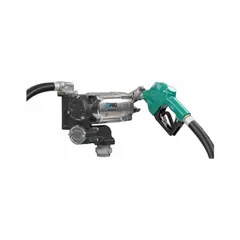 This bung-mount AC-powered fuel transfer pump is designed for transferring fuels and non-corrosive liquids from drums or tanks. It features a 1/2 hp motor, operates on 115/230 V AC, and delivers a flow rate of 20 gpm. The pump includes a 1" x 18' discharge hose with an automatic nozzle, and the housing is constructed of aluminum and cast iron.