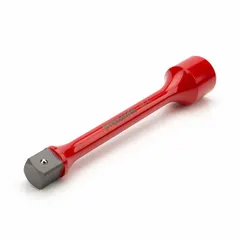 This torque limiting extension from STEELMAN is made of alloy steel with a red finish. It delivers a working torque of 250 ft-lb and is designed for use with impact wrenches. Commonly used in automotive and industrial settings to prevent over-tightening of fasteners.
