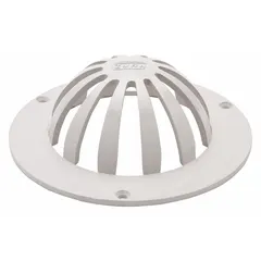 This ZURN dome strainer is made of plastic with a white, unfinished finish and a slotted grate surface. It has a 6-inch overall diameter and 2-inch overall height, with a drop-in connection type. Designed for floor sinks, it captures debris while allowing wastewater to pass through.