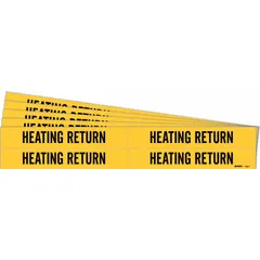 Yellow adhesive pipe marker with black legend reading 'Heating Return', designed for pipe outer diameters from 3/4 to 2-3/8 inches. Each pack contains 4 markers without arrows, used to identify heating return lines in industrial piping systems.