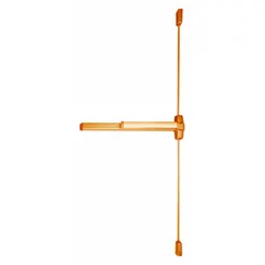 This surface vertical rod exit device features a touchbar mechanism that releases top and bottom vertical rods for latching. Constructed in bronze, it is intended for use on doors up to 4 ft wide in commercial settings requiring safe egress.
