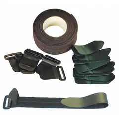 This cut-to-length cinch strap kit includes a 15 ft continuous roll of 2 in wide black loop strap, 10 D-Ring Tips, and 10 Hook Tips for custom assembly. Used for bundling, securing, and organizing cables, hoses, or equipment in industrial and commercial settings.
