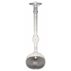 This 24 mL specific gravity bottle is made of colorless glass with a narrow mouth and a ground-glass stopper closure. It is used for measuring the specific gravity or density of liquids in laboratory settings. The ground-glass stopper provides a precise seal for accurate volumetric analysis.