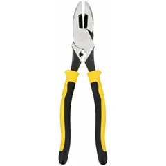Multipurpose lineman's pliers with a flat jaw design, 1 5/8 in jaw length, 1 1/4 in jaw width, and 5/8 in jaw thickness. Overall length is 9 1/2 in. Includes a wire crimper and ergonomic handle. Used for gripping, twisting, cutting wire, and crimping connectors in electrical and general maintenance tasks.